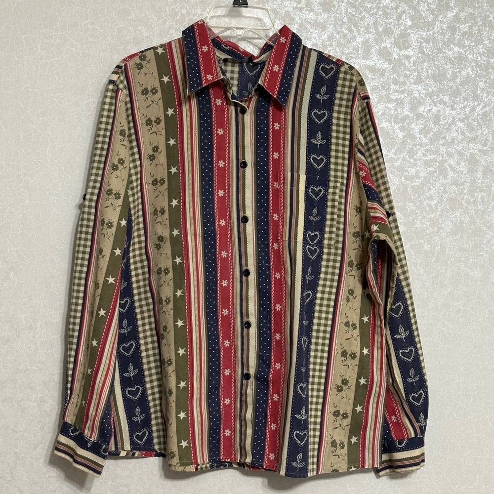 Tapestry Patchwork‎ Stripe Heart Star Button Down Roll Tab Shirt Cottagecore L